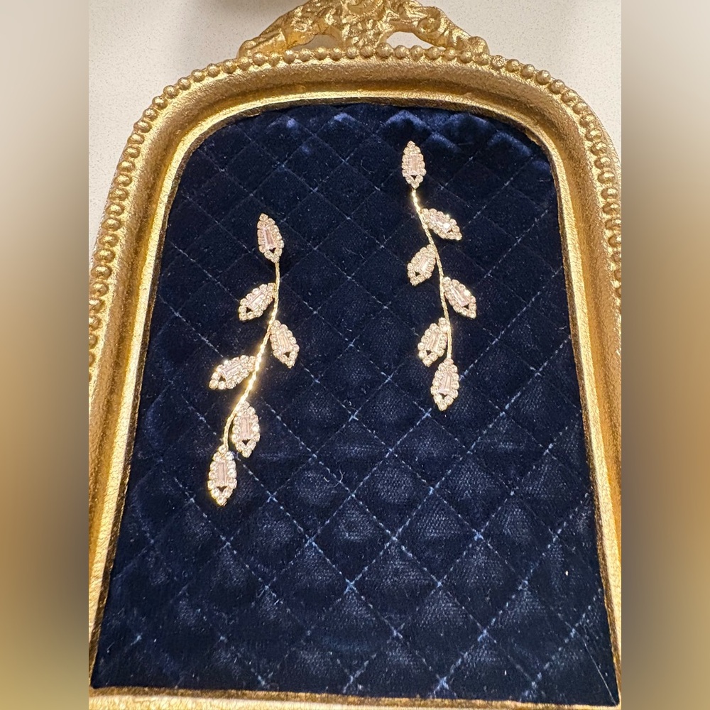 Elegant Bridal Gold Leaf Drop Earrings with stones
